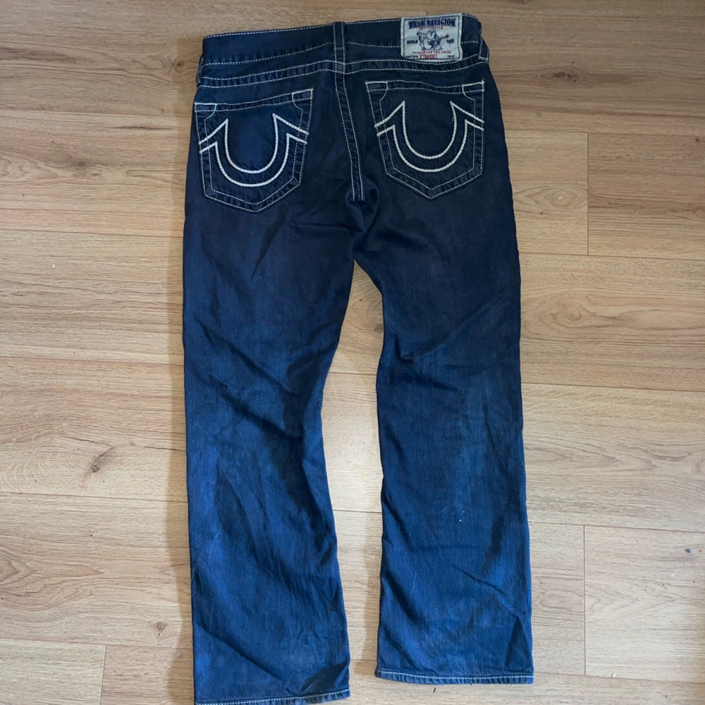 True Religion Navy Blue Dyed Denim Jeans with White Stitching